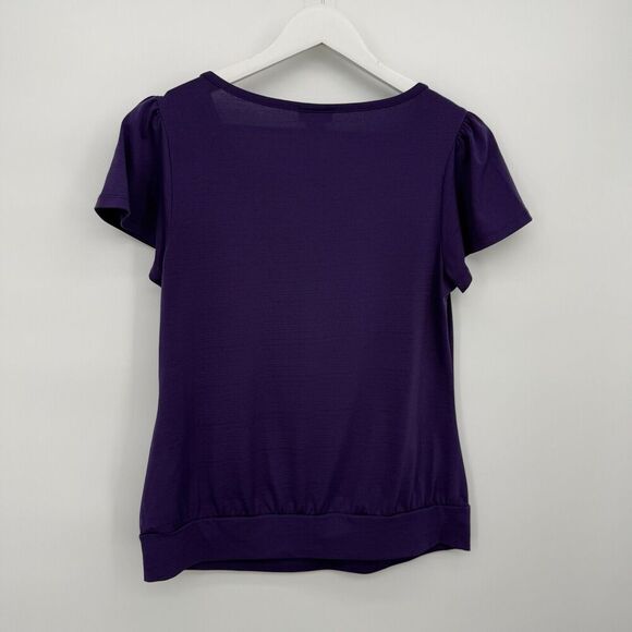 East 5th Dark Purple Rosette Blouse Top Short Sleeve Size Small - Picture 6 of 6